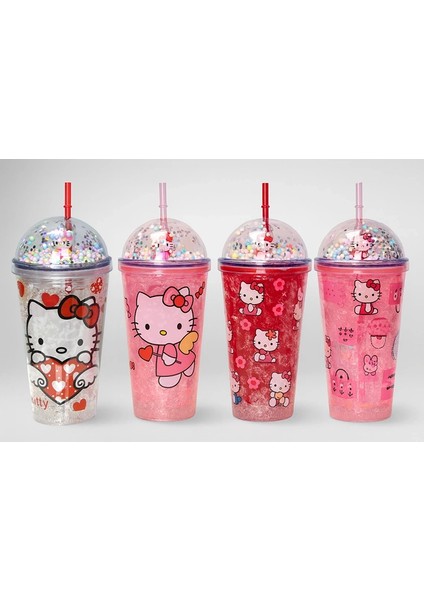 Sevimli Hello Kitty Işıklı Pipetli Boncuklu Suluk & Bardak 400 ml ALK3145
