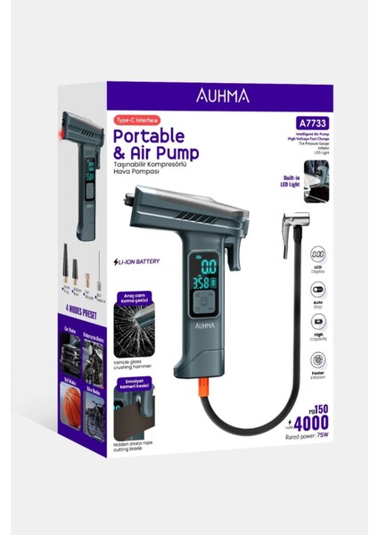 Araba Hava Pompası 4’ü 1 Arada: Kompresör + Cam Kırıcı + Kemer Kesici + LED Işık Şarjlı fiyatları