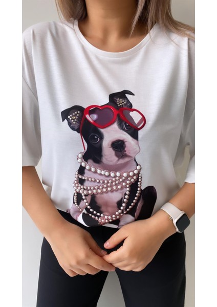 Gözlüklü Incili Köpek Baskılı Tişört Ekru fiyatları