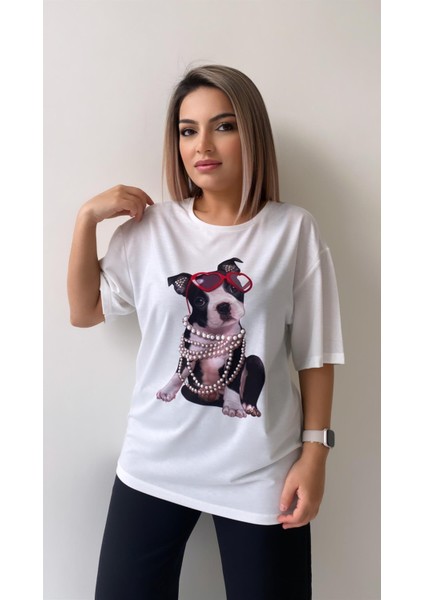 Gözlüklü Incili Köpek Baskılı Tişört Ekru fırsatları