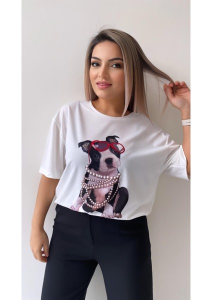 Gözlüklü Incili Köpek Baskılı Tişört Ekru indirimleri