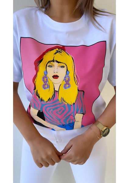 Sarışın Kadın Pembe Baskılı Tişört Ekru fiyatları