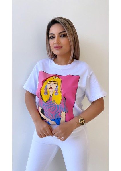 Sarışın Kadın Pembe Baskılı Tişört Ekru fırsatları