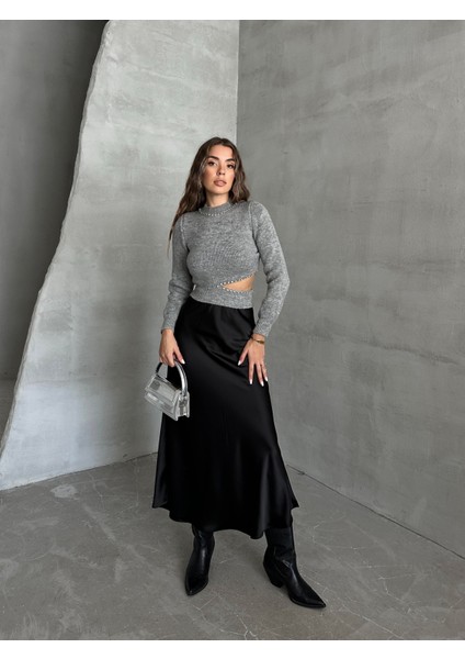 Beli Yırtmaçlı Taş Detaylı Kazak Gri fırsatları