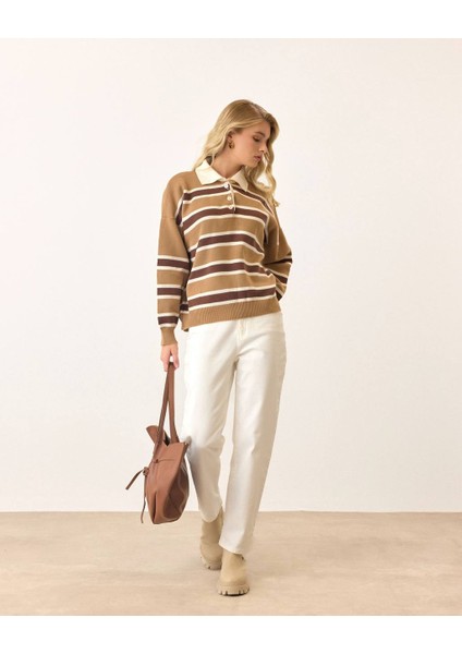 Polo Yaka Çizgili Triko Kazak