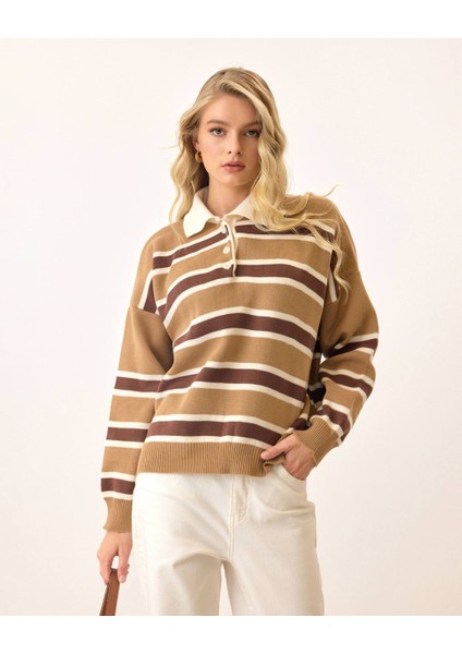 Polo Yaka Çizgili Triko Kazak fırsatları