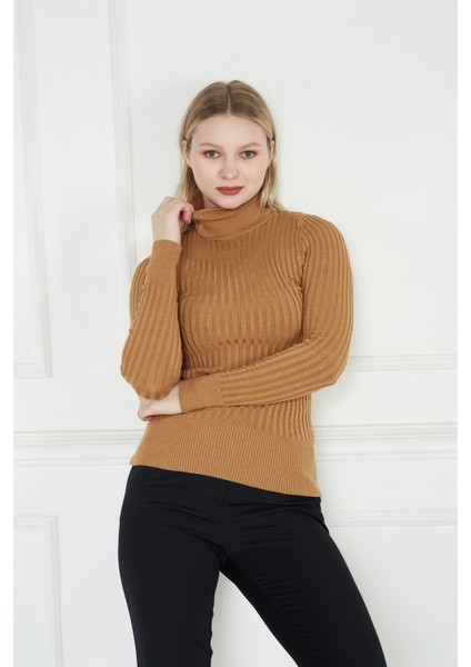 Boğazlı Fitilli Triko Camel