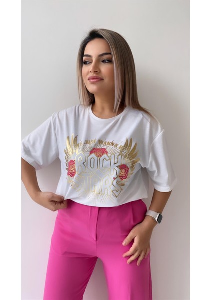 Varak Pembe Baskılı Rock Stars Tişört Ekru