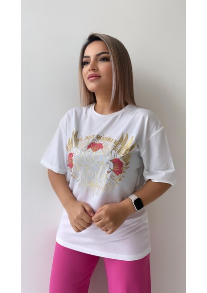 Varak Pembe Baskılı Rock Stars Tişört Ekru fiyatları