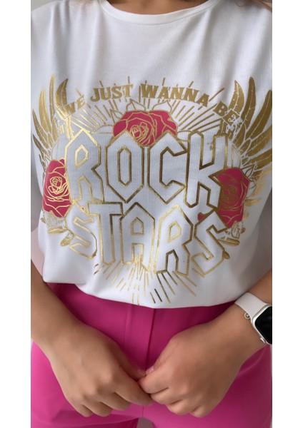 Varak Pembe Baskılı Rock Stars Tişört Ekru modelleri