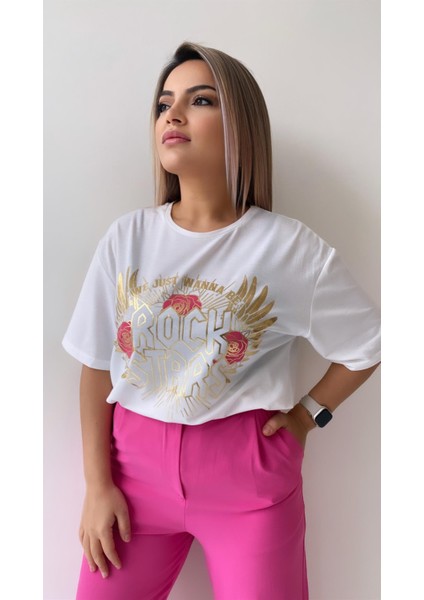 Varak Pembe Baskılı Rock Stars Tişört Ekru fırsatları