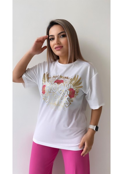 Varak Pembe Baskılı Rock Stars Tişört Ekru indirimleri