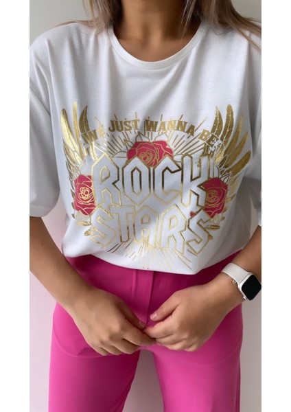 Varak Pembe Baskılı Rock Stars Tişört Ekru