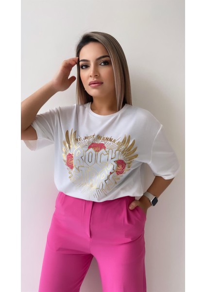 Varak Pembe Baskılı Rock Stars Tişört Ekru