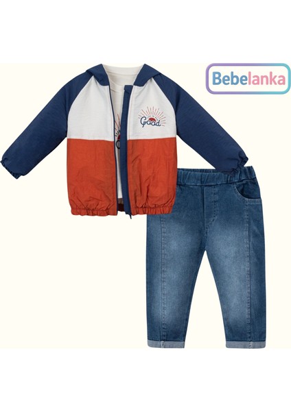 Erkek Çocuk Renk Bloklu Kapüşonlu Yağmurluk Tişört Kot Pantolon 3'lü Takım