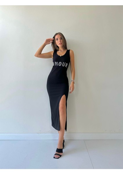 Fitilli Yırtmaçlı Amour Elbise Siyah