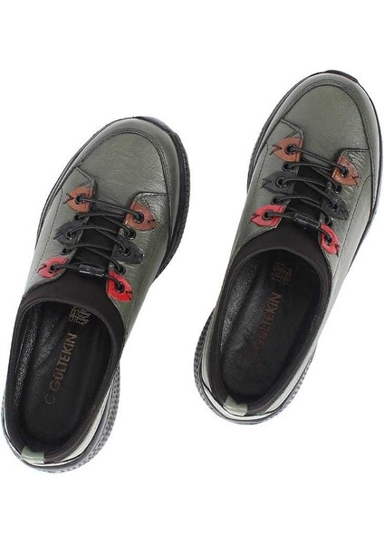 Kadın Haki Bağcıklı Deri Ayakkabı