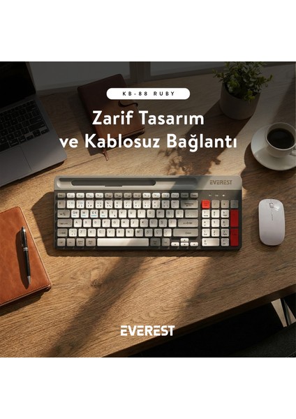 Kb-88 Ruby Siyah-Gri Kablosuz 2.4g + Bluetooth Bt1 Bt2 Çoklu Cihaz Bağlantılı Türkçe Q Ince Klavye fiyatları