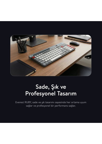Kb-88 Ruby Siyah-Gri Kablosuz 2.4g + Bluetooth Bt1 Bt2 Çoklu Cihaz Bağlantılı Türkçe Q Ince Klavye