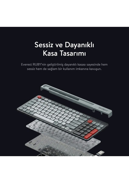 Kb-88 Ruby Siyah-Gri Kablosuz 2.4g + Bluetooth Bt1 Bt2 Çoklu Cihaz Bağlantılı Türkçe Q Ince Klavye