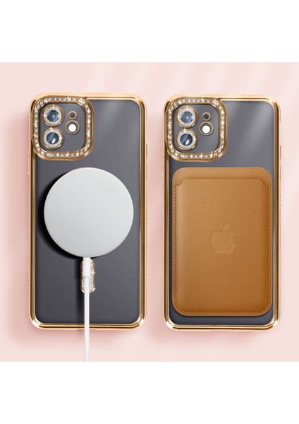 Apple iPhone 11 Uyumlu Taşlı Magsafe Şarj Özellikli Kamera Korumalı Simli Kılıf indirimleri