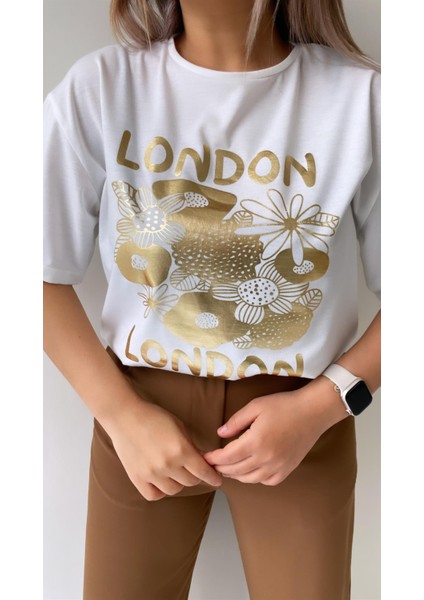 London Varak Baskılı Tişört Ekru fiyatları