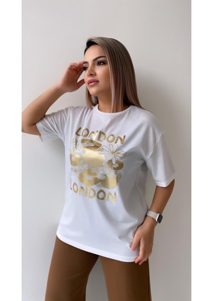 London Varak Baskılı Tişört Ekru