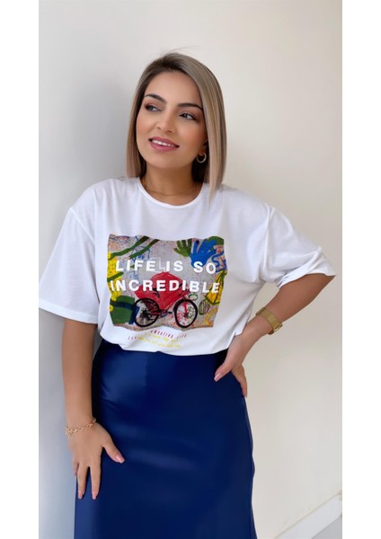 Kabartma Yazılı Tişört Ekru