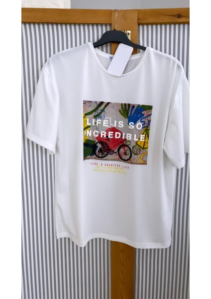 Kabartma Yazılı Tişört Ekru fiyatları