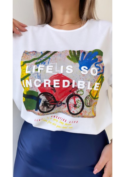 Kabartma Yazılı Tişört Ekru modelleri