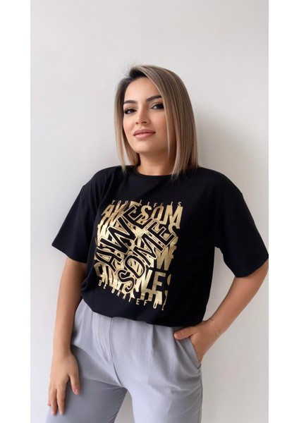 Awe Some Varak Baskılı Tişört Siyah