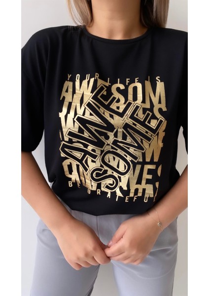 Awe Some Varak Baskılı Tişört Siyah fiyatları