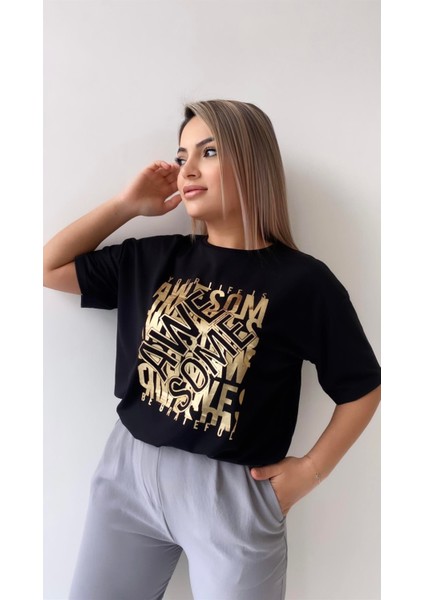 Awe Some Varak Baskılı Tişört Siyah indirimleri