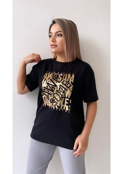 Awe Some Varak Baskılı Tişört Siyah