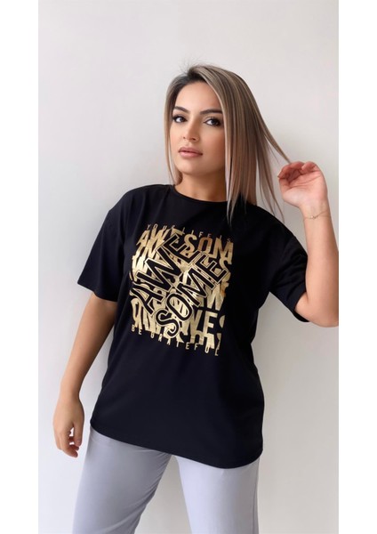Awe Some Varak Baskılı Tişört Siyah