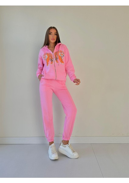 Kapüşonu Astarlı Baskılı Fermuarlı Sweat Pembe fiyatları