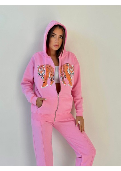 Kapüşonu Astarlı Baskılı Fermuarlı Sweat Pembe modelleri