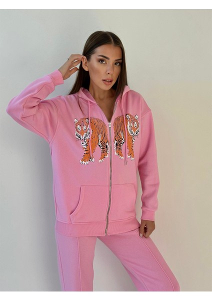 Kapüşonu Astarlı Baskılı Fermuarlı Sweat Pembe indirimleri