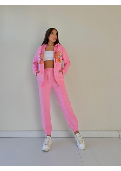 Kapüşonu Astarlı Baskılı Fermuarlı Sweat Pembe