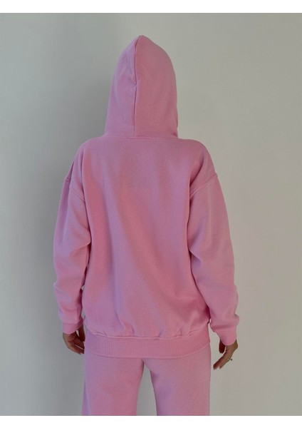 Kapüşonu Astarlı Baskılı Fermuarlı Sweat Pembe