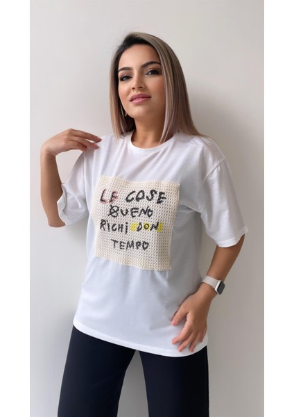 Önü Fileli Le Cose Tişört Ekru