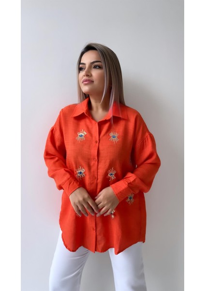 Göz Nakışlı Keten Gömlek Turuncu fiyatları