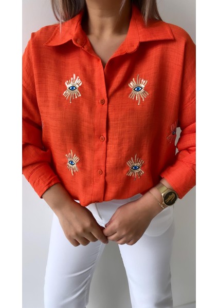 Göz Nakışlı Keten Gömlek Turuncu modelleri
