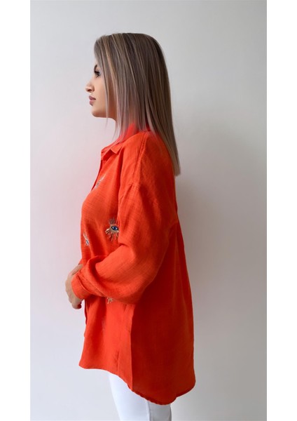 Göz Nakışlı Keten Gömlek Turuncu indirimleri
