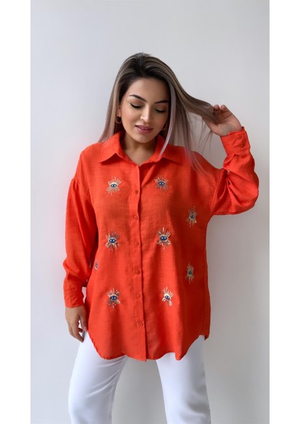Göz Nakışlı Keten Gömlek Turuncu
