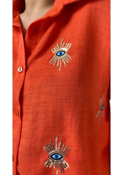 Göz Nakışlı Keten Gömlek Turuncu