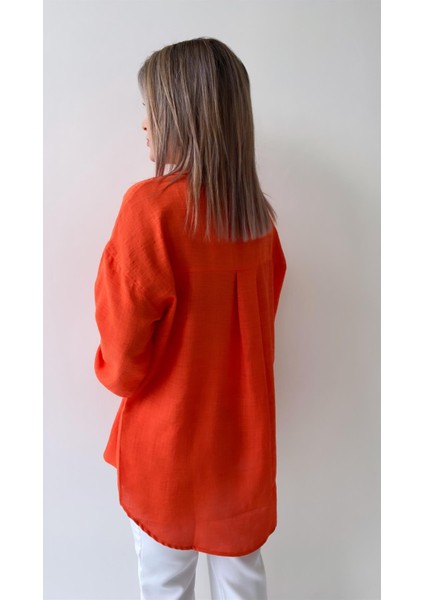 Göz Nakışlı Keten Gömlek Turuncu