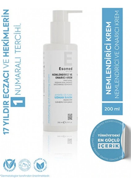 200 ml Nemlendirici ve Onarıcı Bakım Kremi Hyalüronik Asit İçerikli Kuru Ciltler İçin