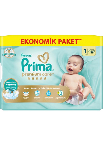 Bebek Bezi Premium Care 1 Numara 70 Adet Yenidoğan Ekonomik Paket