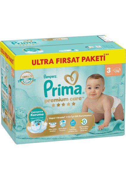 Bebek Bezi Premium Care 3 Numara 96 Adet Ultra Fırsat Paketi fiyatları